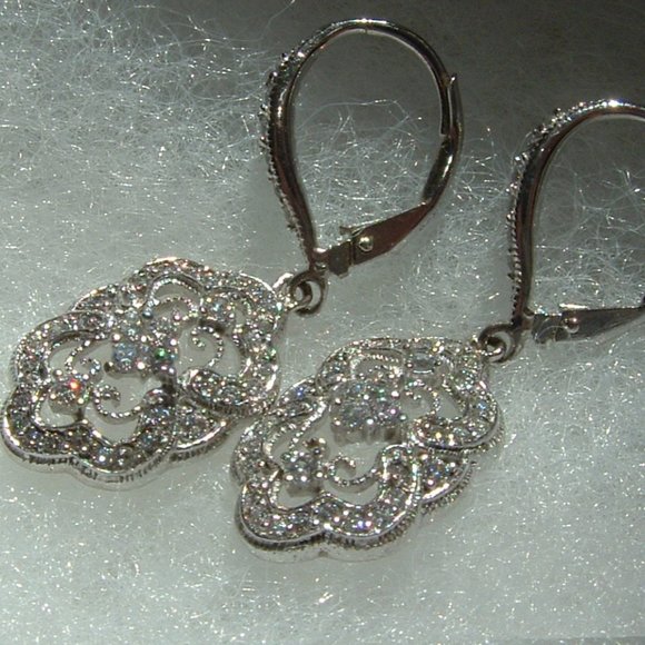 Art Deco Style Jewelry - 925 Sterling Silver CZ Diamonique Floral Earrings Retro Art Deco Style